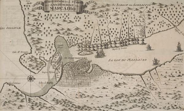 Maracaibo and Gibraltar Map - De Americaensche Zee Roovers (1678)